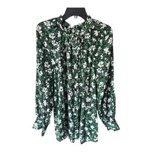 Mark & Spencer Green Floral Long Sleeve Tie Neck Blouse 16 ButtonUp Boho Ruffle